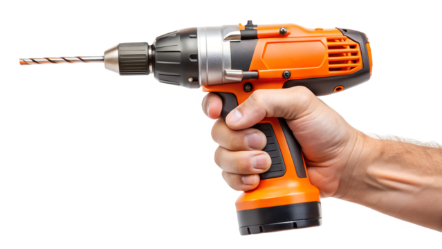 A hand firmly holds an orange and black cordless drill with a drill bit, isolated on transparent background, emphasizing its ergonomic design and powerful capabilities