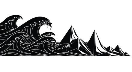 Dramatic ocean waves crash against sharp, geometric mountain peaks in a striking monochrome illustration.
