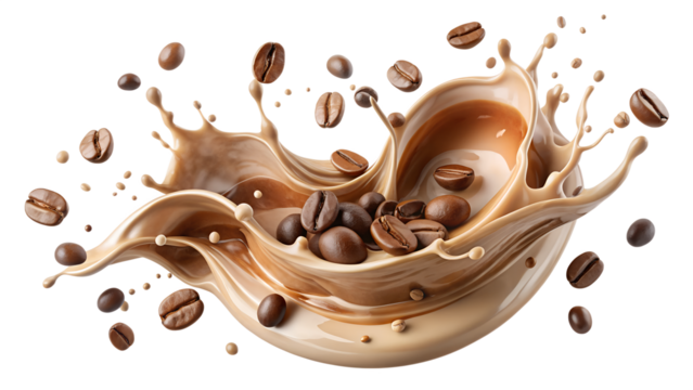 Coffee bean splash isolated on transparent background, capturing the essence of coffee with a dynamic burst of flavor and aromatic appeal