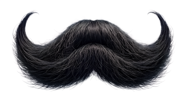 Closeup of a black mustache on a transparent background isolated on transparent background, a symbol of masculinity, style, and facial hair fashion