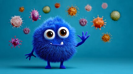 Blue monster with a big smile and pink and purple hair is surrounded by many other monsters. The scene is a cartoonish representation of a virus outbreak