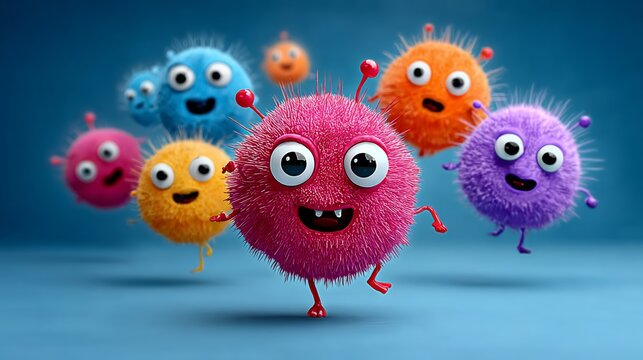 Group of colorful fuzzy monsters are jumping and smiling. Scene is lighthearted and playful