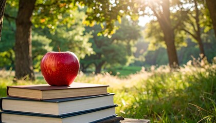 Apple atop books in a sunny park