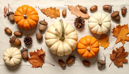 Fototapeta premium Fall Harvest Pumpkins, Acorns, and Leaves on a Rustic Background with Copy Space