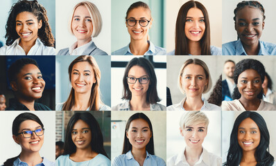 A group of business professionals of various backgrounds smiles, showcasing excitement and positivity in their collaborative workspace during a productive team meeting.