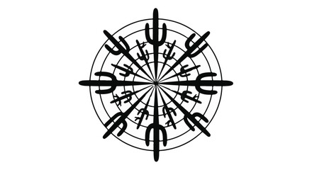 Stylized black and white circular mandala symbol with symmetrical radiating lines and abstract shapes