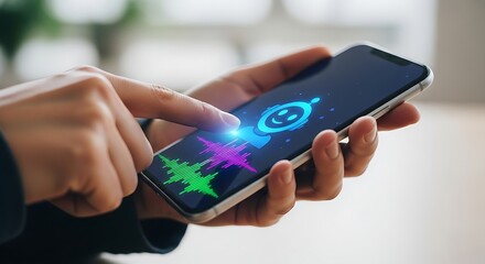 Person holding smartphone with chatbot interface and sound waves
