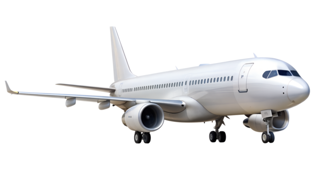 A modern passenger airplane isolated on transparent background commercial jet aircraft for travel and transportation with wings, engines, and fuselage