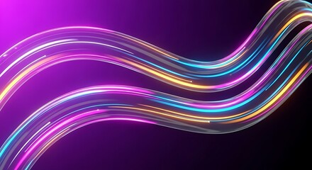 Abstract glowing neon light trails on purple background