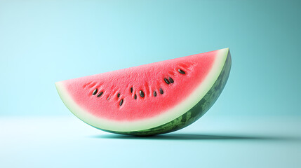 A single juicy slice of ripe watermelon with its vibrant pink flesh and dark seeds rests on a light blue background
