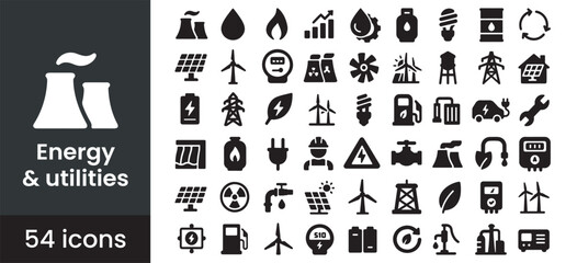 Energy and power icon set for the utilities and fuel industry, featuring symbols for electricity, renewable solar and wind sources. This glyph collection covers power generation, resource management, 