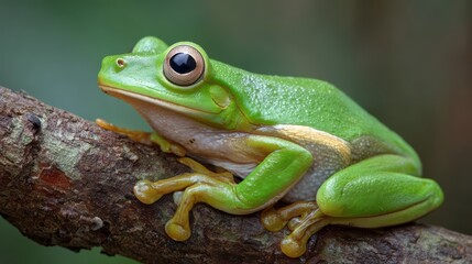 Naklejka premium Vibrant Green Tree Frog on Branch Captivating Nature CloseUp, Ideal for Marketing Campaigns or Relaxing Projects.