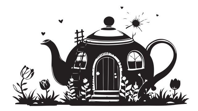 black teapot house with flowers and hearts clip art preview