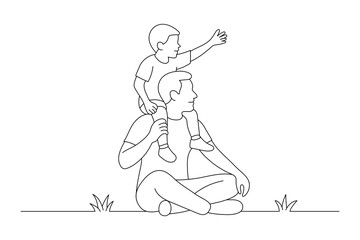 Father carrying son on shoulders line art illustration, family love and bonding drawing