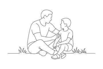 Father talking with son line art illustration, caring parenting moment in family life