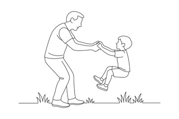 Father playing with son line art drawing, joyful family moment minimal illustration
