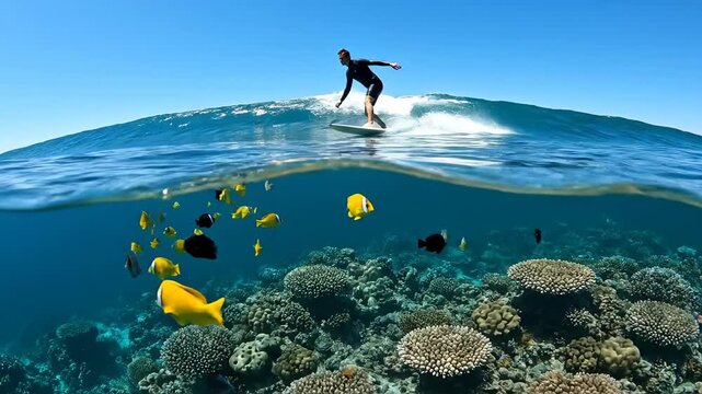 Surfer riding a wave above vibrant coral reef teeming with fish