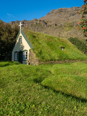 Traditional turf church in Hof, Iceland