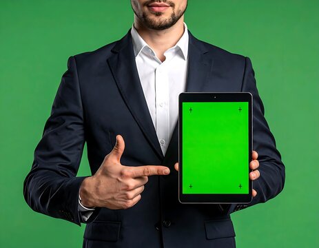 Businessman Presenting Green Screen Tablet Ideal for Mockups and Presentations - Powered by Adobe