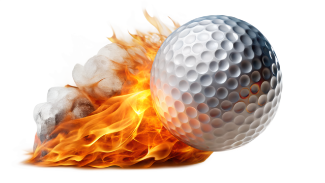 A golf ball engulfed in flames and ice, isolated on transparent background, representing the duality of hot and cold, speed and control