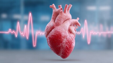 Heart is shown in a medical setting with a red line surrounding it. The heart is surrounded by a red line, which is a representation of an ECG. Concept of urgency and importance