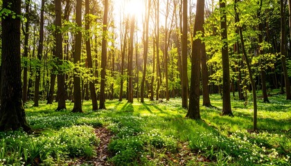 Sunlight streams through a lush forest floor carpeted in spring blooms