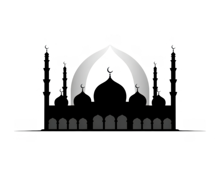 Abstract Mosque Silhouette with Arched Domes and Minarets in White and Gray Tones islam isolated on a transparent background