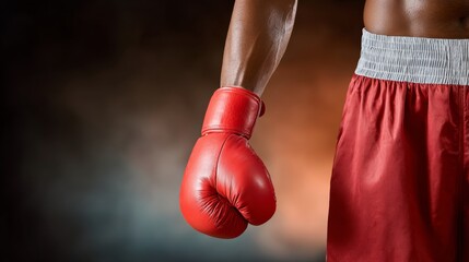 Man wearing a red boxing glove is holding it up in the air. Concept of strength and determination, as the boxer is ready to engage in a fight