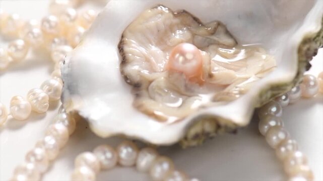 Pearls, One Natural pearl inside the oyster shell, close up, on white background. Nacre. Pearl necklace. Mother-of-pearl. Jewellery. Wealth concept. Rotating background, top view, slow motion
