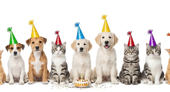 Adorable puppies and kittens celebrating a birthday with party hats and a cake