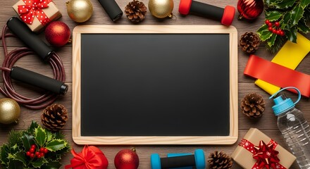 Mockup chalkboard with blank empty screen New Year resolutions fitness healthy goals concept, Christmas fitness equipment and decorations on a wooden background