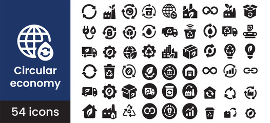Circular economy icon set for a sustainable and green business. This collection includes symbols to recycle and reuse, promoting an eco-friendly environment and overall sustainability. Solid glyph 