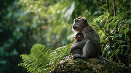 Majestic Ubud Landscape Warmth of a Motherly Bond Between Monkey and Baby on a Rocky Outcrop.