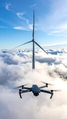 Drone above clouds near wind turbine