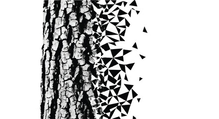 Tree bark disintegrating into geometric shapes, symbolizing decay and transformation