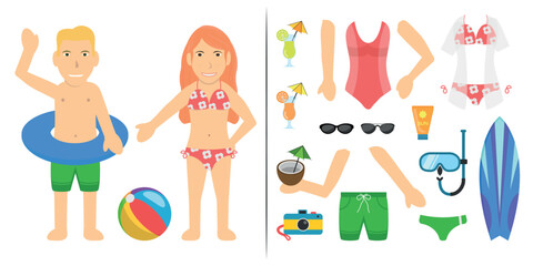 Couple Swimsuit Bather Character. Blond White Man Wearing a Green Shorts and Redhead White Woman Wearing a Red Bikini. Customization Items Included.