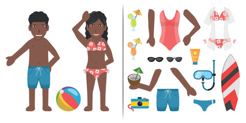 Black Couple Swimsuit Bather Character. Man Wearing a Blue Shorts and Woman Wearing a Red Bikini. Customization Items Included.