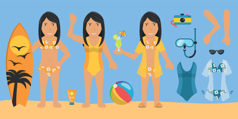 Female Swimsuit Bather Character. Black Hair, Brown Skin, Wearing a Orange Bikini or Swimsuit. Customization Items Included.
