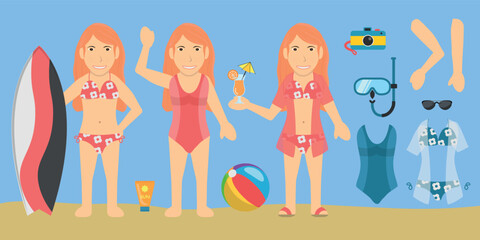 Female Swimsuit Bather Character. Red Hair, White Skin, Wearing a Red Bikini or Swimsuit. Customization Items Included.