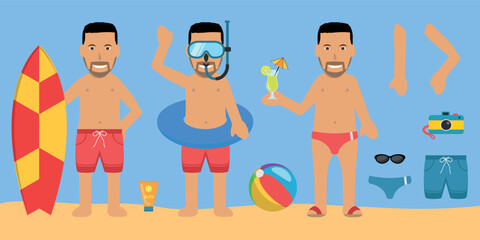 Male Swimsuit Bather Character. Black Hair, Brown Skin, Wearing a Red Shorts or Swim Trunks. Customization Items Included.