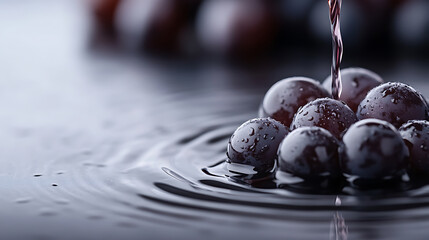 Fresh grapes glistening with water droplets create ripples in a pool. A moment of refreshing hydration captured in a still life.