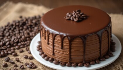 Rich Coffee Flavored Chocolate Cake with Smooth Mocha Ganache, Displayed on a Rustic Burlap Texture with Coffee Beans