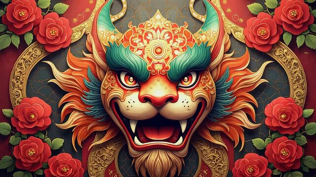 Colorful dragon mask surrounded by roses in ornate style  
