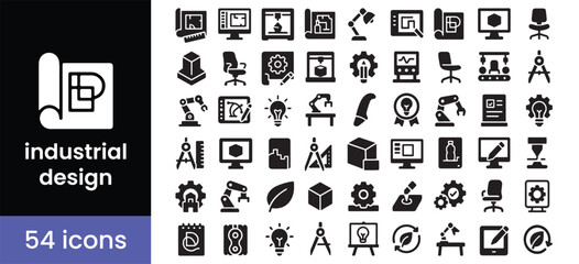 Industrial design and engineering icon set for product development, with symbols for CAD technology, 3D manufacturing, and prototype creation.

