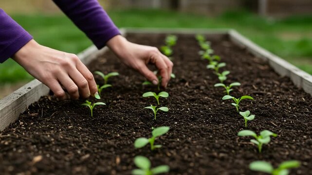 Gardener planting seedlings in a raised garden bed