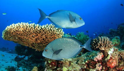 Fototapeta premium Two slate-grey fish swim near a vibrant coral reef in clear blue water