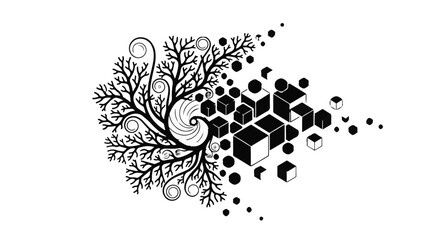 Organic growth transitions into digital cubes, symbolizing evolution and change.