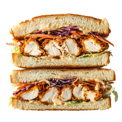 Crispy Chicken Sandwich with Fresh Vegetables and Creamy Sauce in a Soft Bread Setting on transparent background