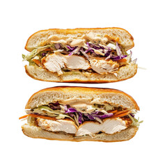 Delicious Grilled Chicken Sandwich with Fresh Slaw and Savory Sauce on Soft Bread on transparent background