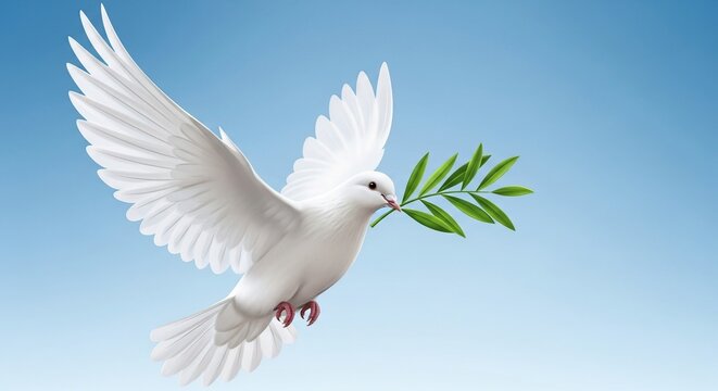 Peace dove flying with olive branch in a blue sky symbol of hope and freedom illustration design background